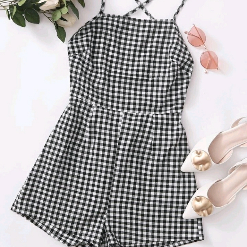 Lace up open back cami romper